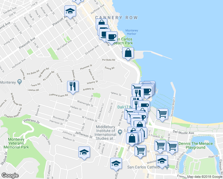 map of restaurants, bars, coffee shops, grocery stores, and more near 190 Seeno Street in Monterey