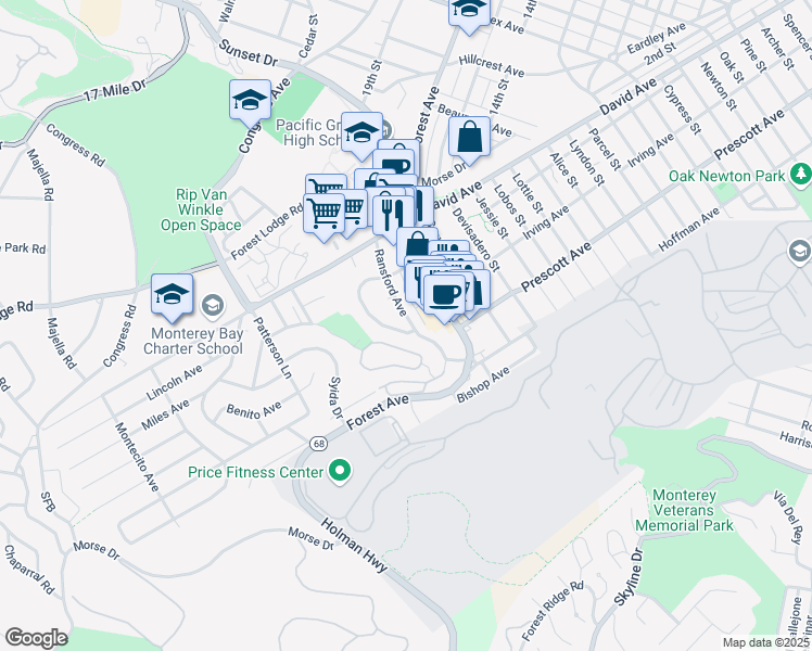 map of restaurants, bars, coffee shops, grocery stores, and more near 2860 Ransford Avenue in Pacific Grove