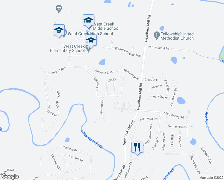 map of restaurants, bars, coffee shops, grocery stores, and more near 124 Flat Rock Road in Clarksville