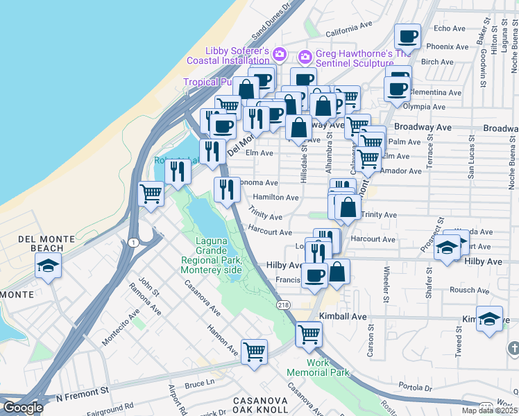 map of restaurants, bars, coffee shops, grocery stores, and more near 465 Harcourt Avenue in Seaside