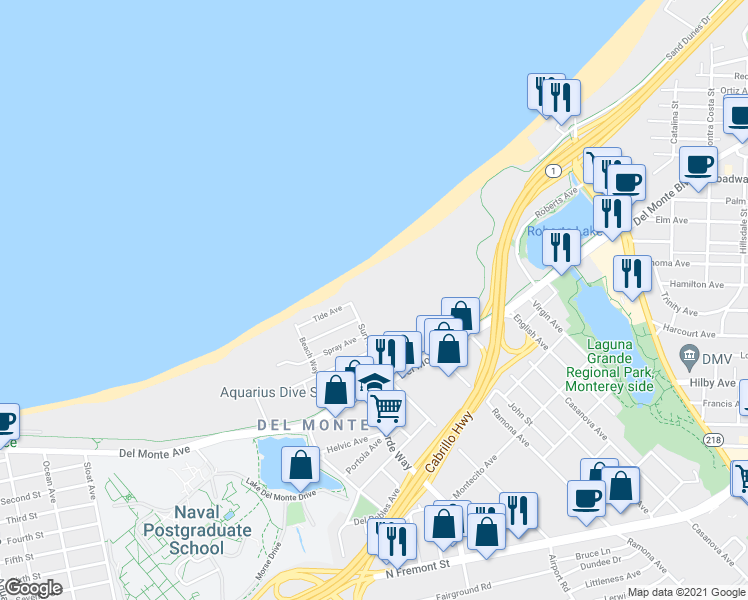 map of restaurants, bars, coffee shops, grocery stores, and more near 151 Surf Way in Monterey