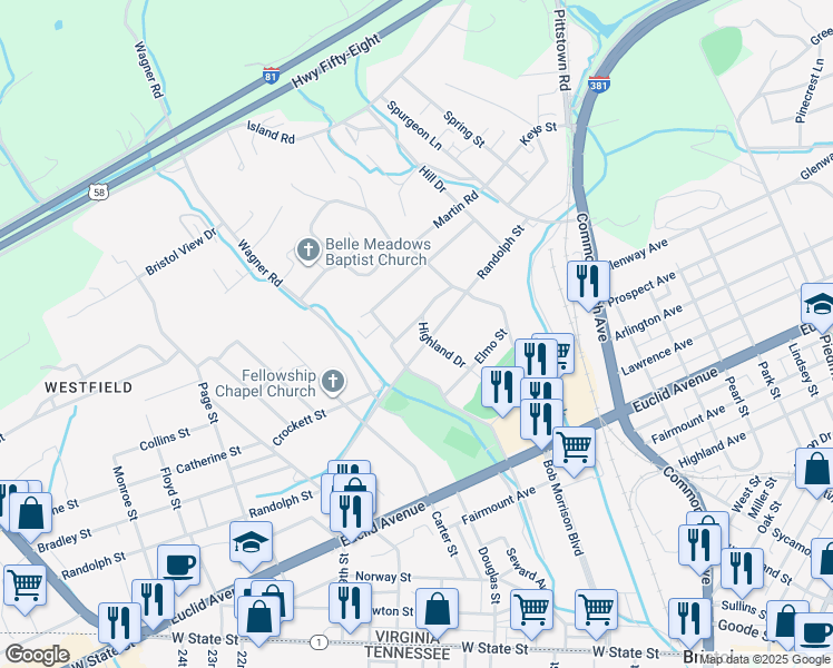 map of restaurants, bars, coffee shops, grocery stores, and more near 401-499 Randolph Street in Bristol