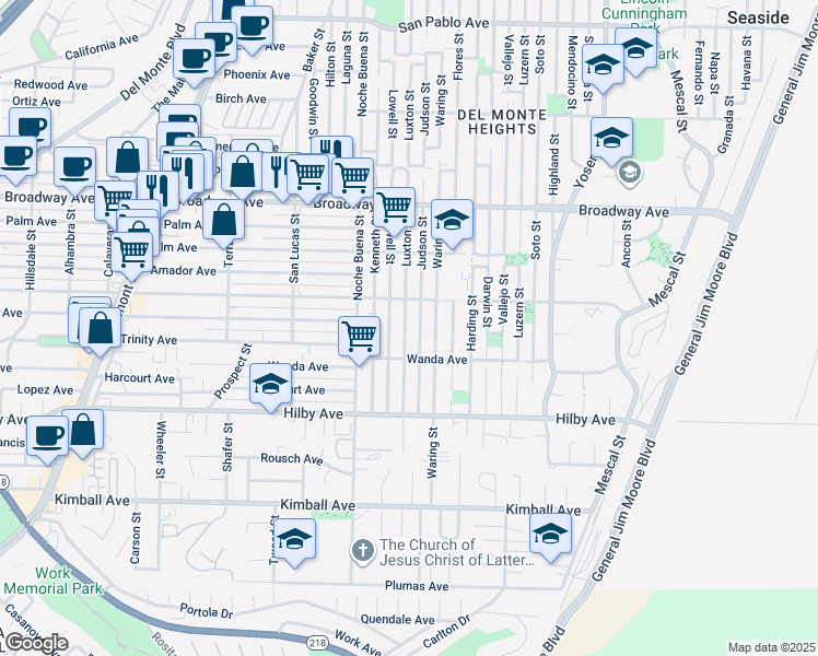 map of restaurants, bars, coffee shops, grocery stores, and more near 1336 Luxton Street in Seaside