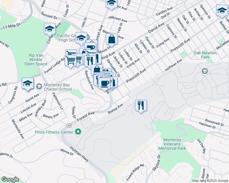 map of restaurants, bars, coffee shops, grocery stores, and more near 1213 a Forest Avenue in Pacific Grove