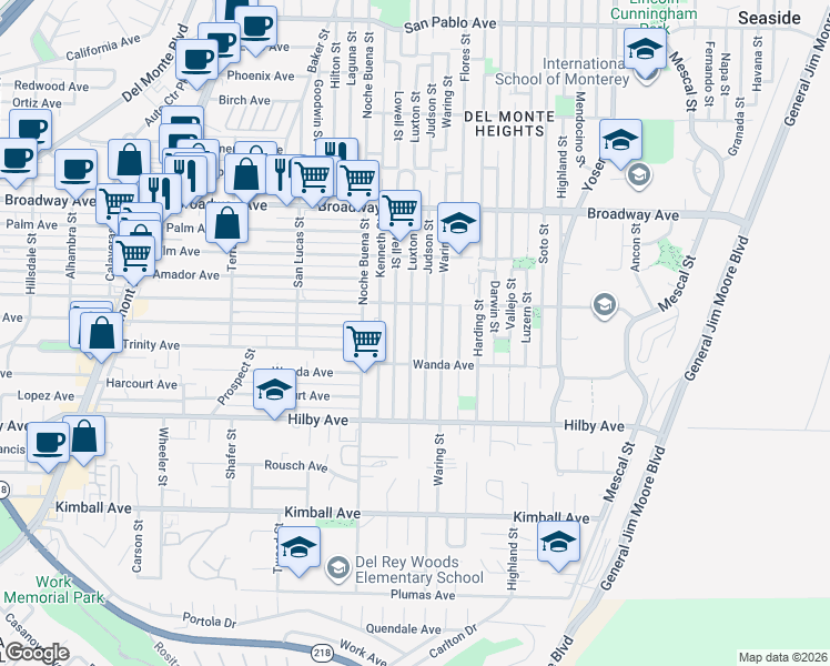 map of restaurants, bars, coffee shops, grocery stores, and more near 1336 Luxton Street in Seaside