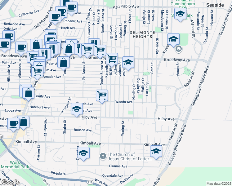 map of restaurants, bars, coffee shops, grocery stores, and more near 1336 Luxton Street in Seaside