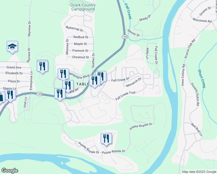 map of restaurants, bars, coffee shops, grocery stores, and more near 1 Fall Creek Drive in Branson