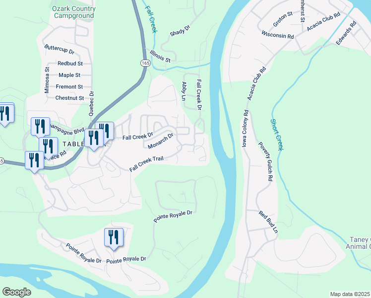 map of restaurants, bars, coffee shops, grocery stores, and more near 28 Fall Creek Drive in Branson