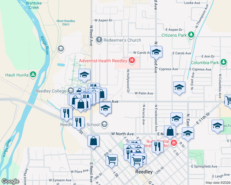 map of restaurants, bars, coffee shops, grocery stores, and more near 580 Manning Avenue in Reedley