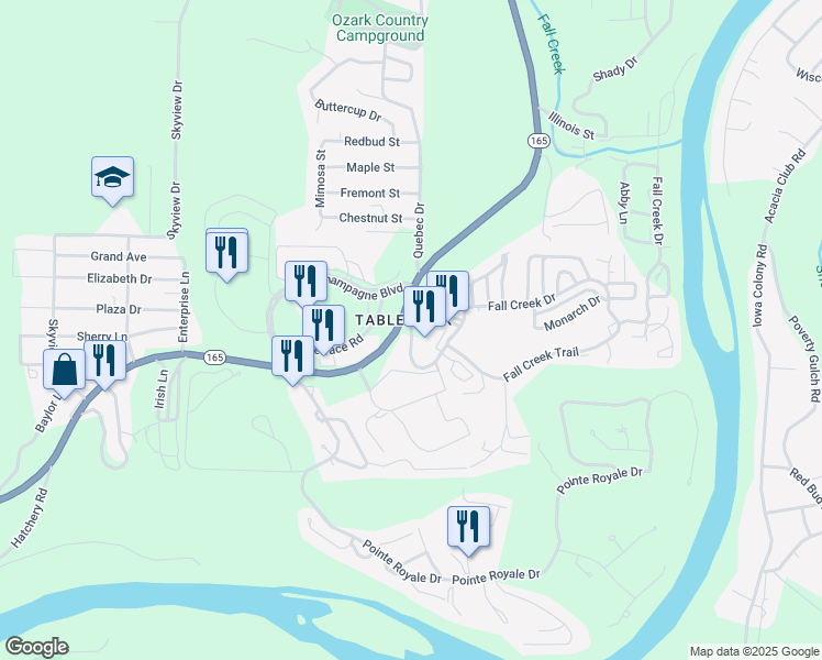 map of restaurants, bars, coffee shops, grocery stores, and more near 164 Fall Creek Drive in Branson