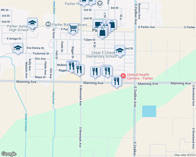 map of restaurants, bars, coffee shops, grocery stores, and more near 14660 Manning Avenue in Parlier
