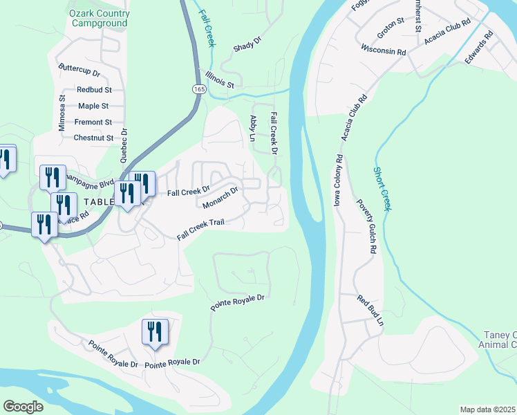 map of restaurants, bars, coffee shops, grocery stores, and more near 29 Fall Creek TRL 294A 4A Trail in Branson