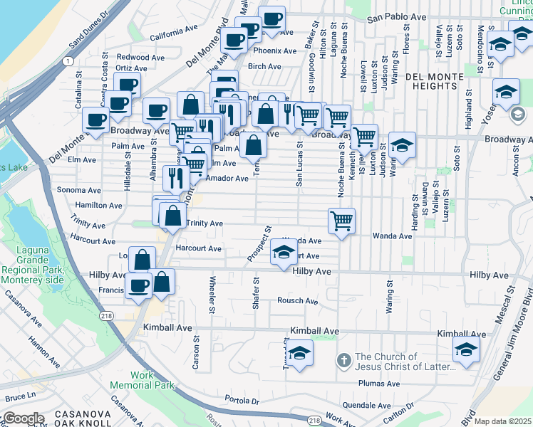 map of restaurants, bars, coffee shops, grocery stores, and more near 1124 Hamilton Avenue in Seaside