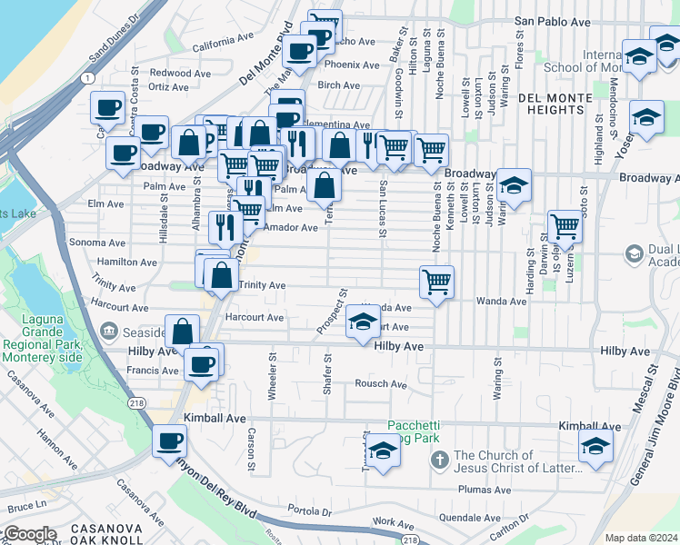 map of restaurants, bars, coffee shops, grocery stores, and more near 1124 Hamilton Avenue in Seaside