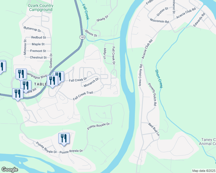 map of restaurants, bars, coffee shops, grocery stores, and more near 29 Fall Creek Drive in Branson
