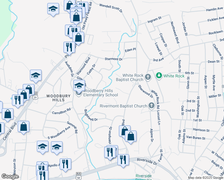 map of restaurants, bars, coffee shops, grocery stores, and more near 150 Mulberry Road in Danville