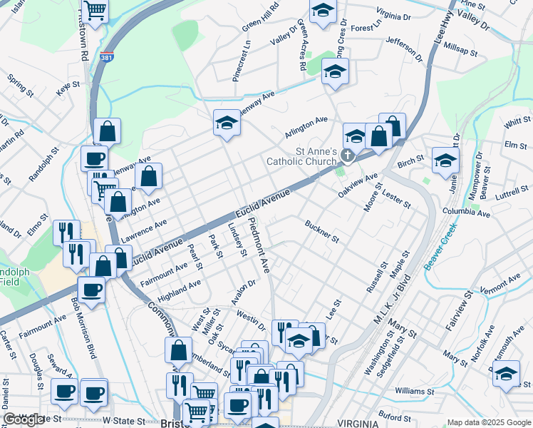 map of restaurants, bars, coffee shops, grocery stores, and more near 501 Piedmont Avenue in Bristol
