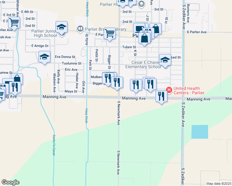 map of restaurants, bars, coffee shops, grocery stores, and more near 14660 Manning Avenue in Parlier