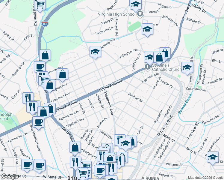 map of restaurants, bars, coffee shops, grocery stores, and more near 501 Piedmont Avenue in Bristol