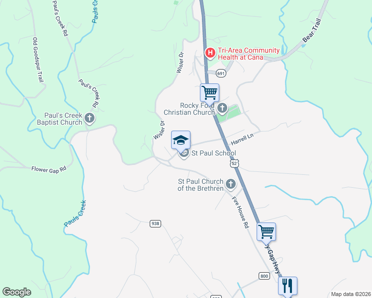 map of restaurants, bars, coffee shops, grocery stores, and more near Dent Road in Cana