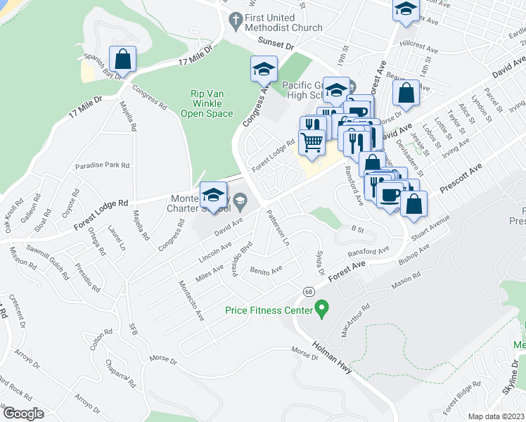 map of restaurants, bars, coffee shops, grocery stores, and more near 1001 David Avenue in Pacific Grove