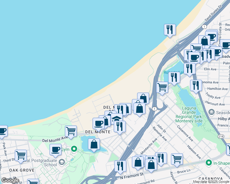 map of restaurants, bars, coffee shops, grocery stores, and more near 125 Surf Way in Monterey