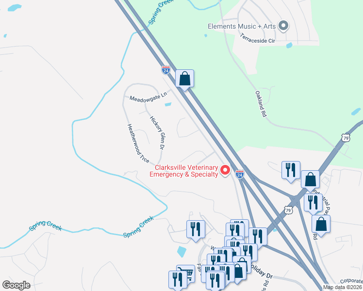 map of restaurants, bars, coffee shops, grocery stores, and more near 701 Kennedy Lane in Clarksville
