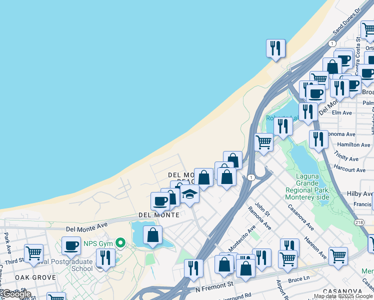 map of restaurants, bars, coffee shops, grocery stores, and more near 125 Surf Way in Monterey
