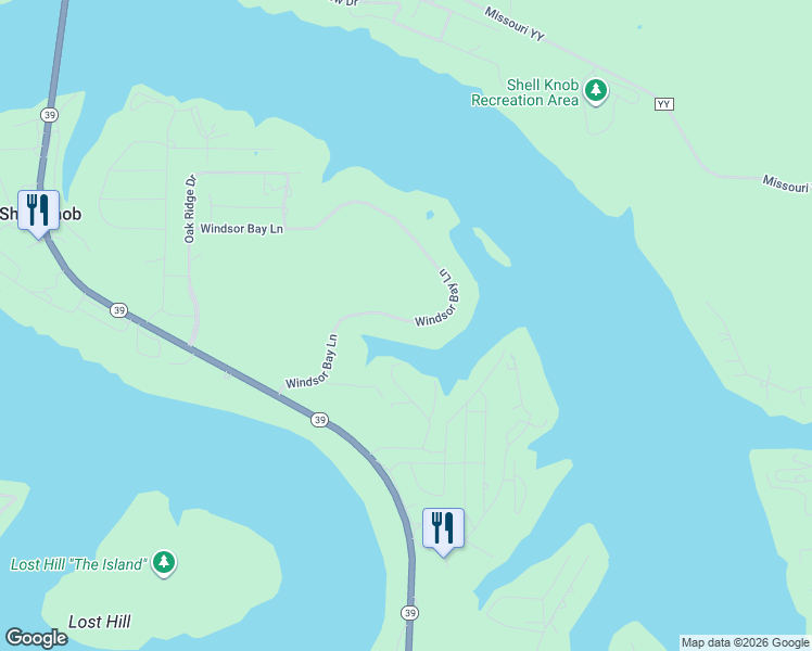 map of restaurants, bars, coffee shops, grocery stores, and more near Windsor Bay Lane in Shell Knob