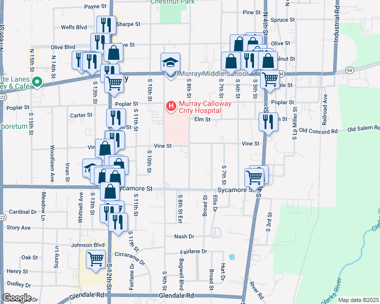 map of restaurants, bars, coffee shops, grocery stores, and more near 724-798 Vine Street in Murray