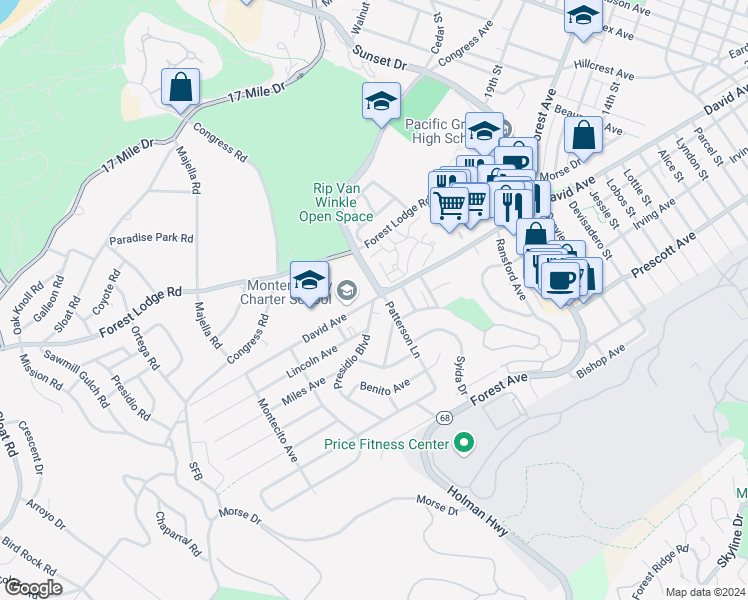map of restaurants, bars, coffee shops, grocery stores, and more near 1100 Presidio Boulevard in Pacific Grove