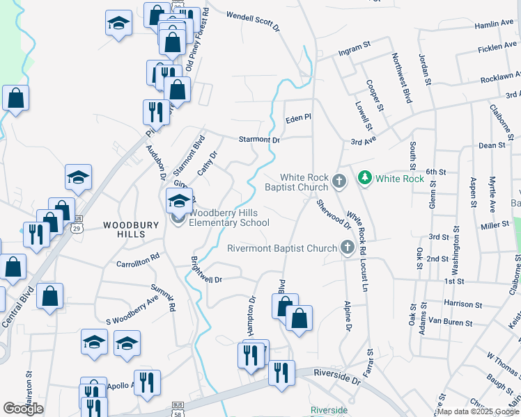 map of restaurants, bars, coffee shops, grocery stores, and more near 150 Mulberry Road in Danville