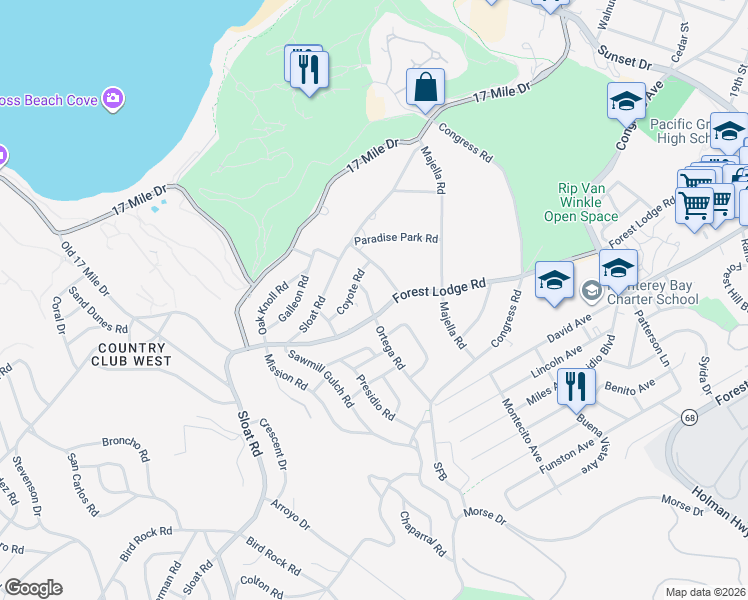 map of restaurants, bars, coffee shops, grocery stores, and more near 1040 Lost Barranca Road in Del Monte Forest