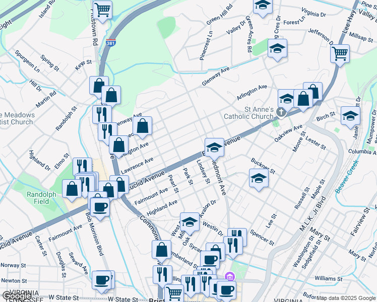 map of restaurants, bars, coffee shops, grocery stores, and more near 738-898 Lawrence Ave in Bristol