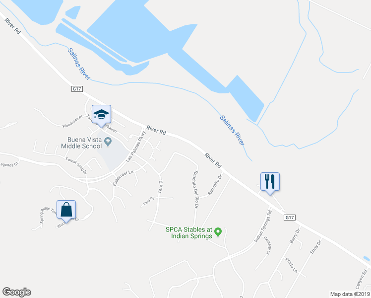map of restaurants, bars, coffee shops, grocery stores, and more near 18605 Ranchito Del Rio Drive in Salinas