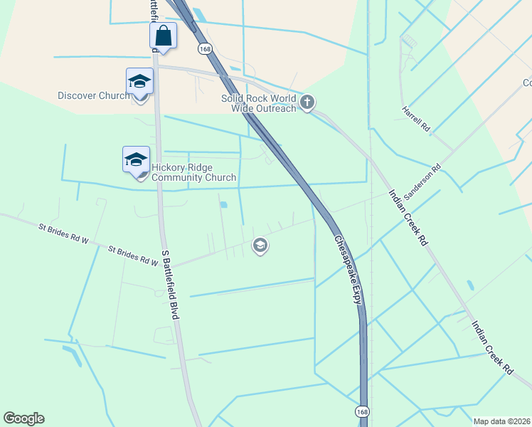 map of restaurants, bars, coffee shops, grocery stores, and more near 224 Saint Brides Road East in Chesapeake