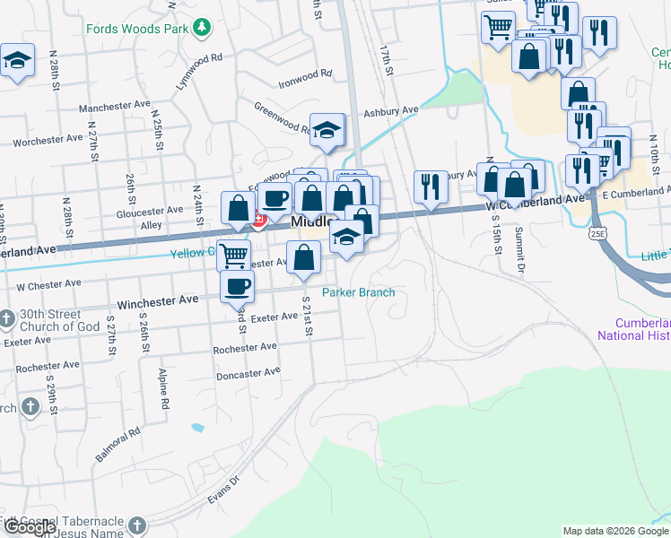 map of restaurants, bars, coffee shops, grocery stores, and more near State Highway 2403 in Middlesboro