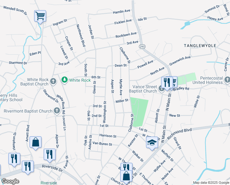 map of restaurants, bars, coffee shops, grocery stores, and more near 1426 Aspen Street in Danville