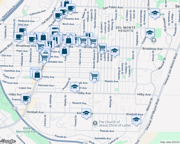 map of restaurants, bars, coffee shops, grocery stores, and more near 1285 Hamilton Avenue in Seaside