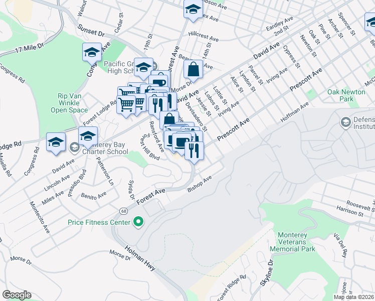 map of restaurants, bars, coffee shops, grocery stores, and more near 1152 Seaview Avenue in Pacific Grove