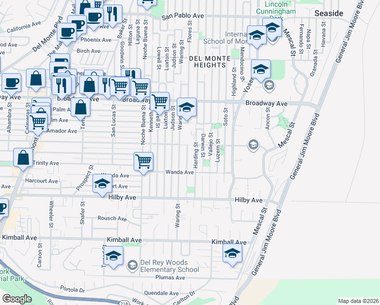 map of restaurants, bars, coffee shops, grocery stores, and more near 1398 Waring Street in Seaside