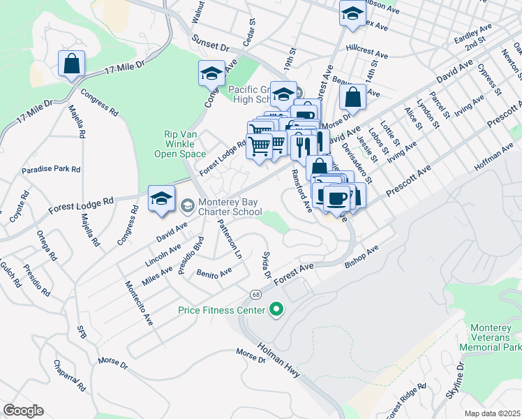 map of restaurants, bars, coffee shops, grocery stores, and more near 5 Arkwright Court in Pacific Grove