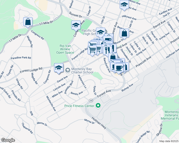 map of restaurants, bars, coffee shops, grocery stores, and more near 5 Arkwright Court in Pacific Grove