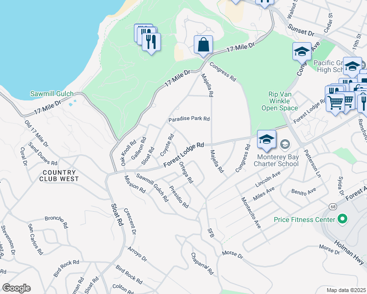 map of restaurants, bars, coffee shops, grocery stores, and more near 2848 Forest Lodge Road in Del Monte Forest