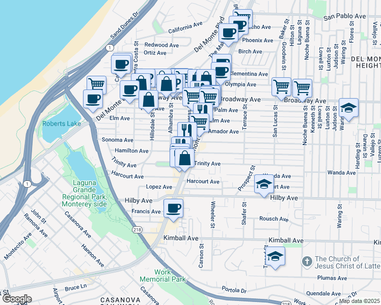 map of restaurants, bars, coffee shops, grocery stores, and more near Fremont Blvd & Hamilton Ave in Seaside