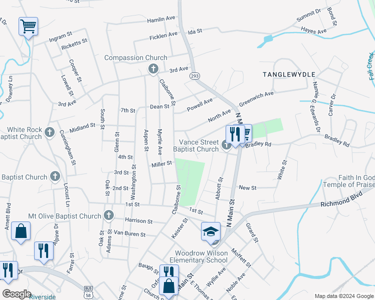 map of restaurants, bars, coffee shops, grocery stores, and more near 221 Clement Avenue in Danville