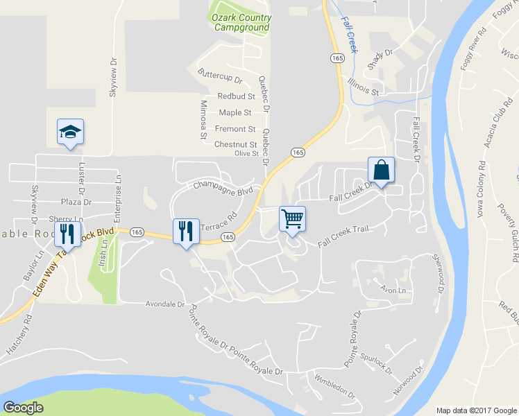 map of restaurants, bars, coffee shops, grocery stores, and more near 19 Fall Creek Drive in Branson