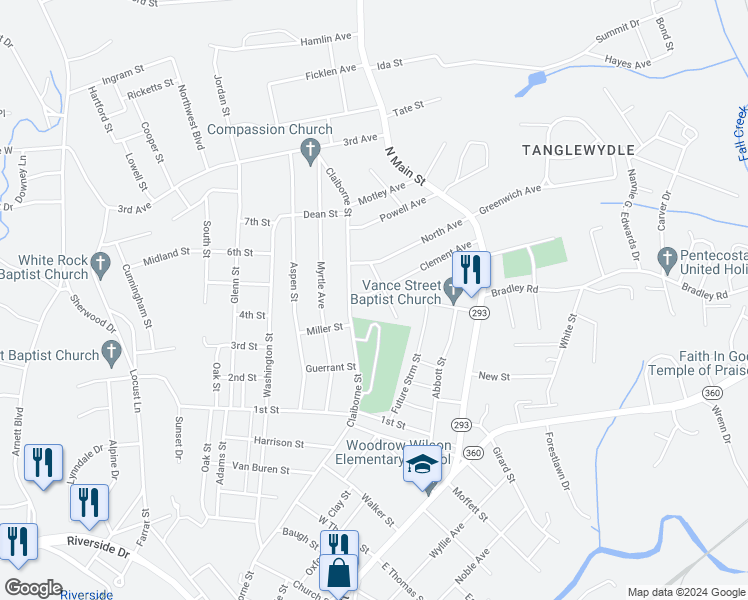 map of restaurants, bars, coffee shops, grocery stores, and more near 221 Clement Avenue in Danville
