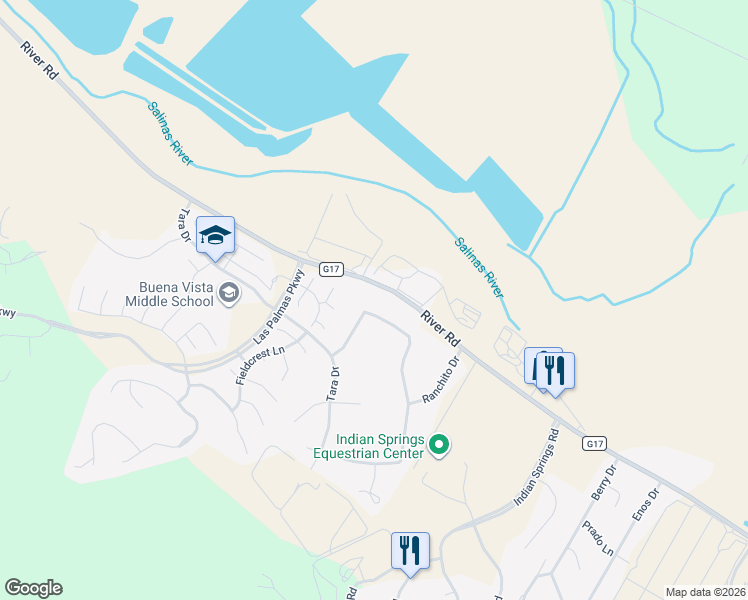 map of restaurants, bars, coffee shops, grocery stores, and more near 18605 Ranchito Del Rio Drive in Salinas