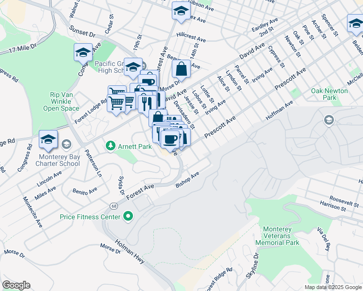 map of restaurants, bars, coffee shops, grocery stores, and more near 1152 Seaview Avenue in Pacific Grove